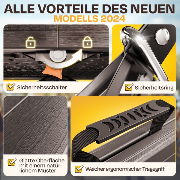 Detailansichten des Modells 2024 mit Sicherheitsschalter, Sicherheitsring, glatter Oberfläche in Holzoptik und ergonomischem Tragegriff.