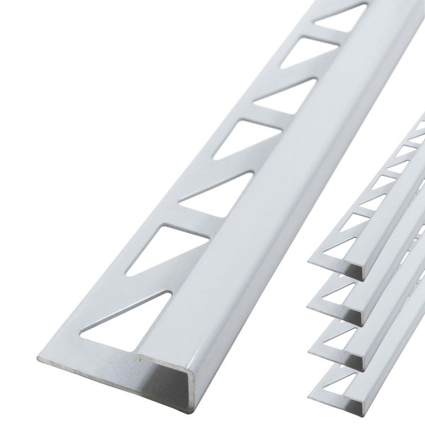 Fliesenprofile aus Aluminium im Set mit quadratischer Kante und gelochtem Befestigungsschenkel.