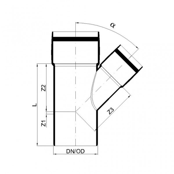 Technische Zeichnung einer Rohrabzweigung mit Bemaßungen für Nennweite, Außendurchmesser, Länge und den Abzweigwinkel Alpha.