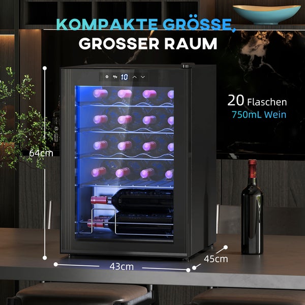 Weinkühlschrank für 20 Flaschen Wein zu 750 Milliliter, Höhe 64 Zentimeter, Breite 43 Zentimeter, Tiefe 45 Zentimeter, mit Glastür und Beleuchtung.