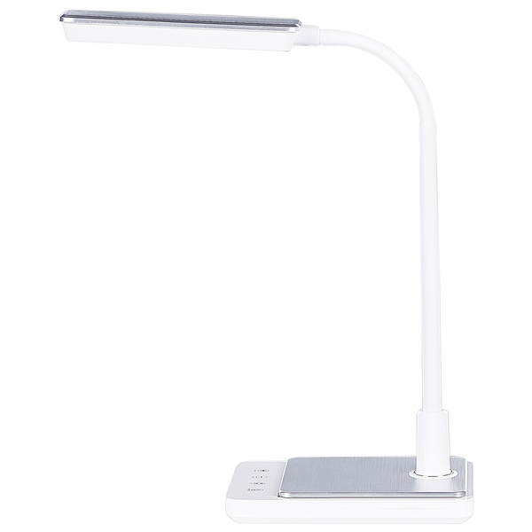 Moderne LED-Schreibtischleuchte mit flexiblem Hals und rechteckigem Standfuß.