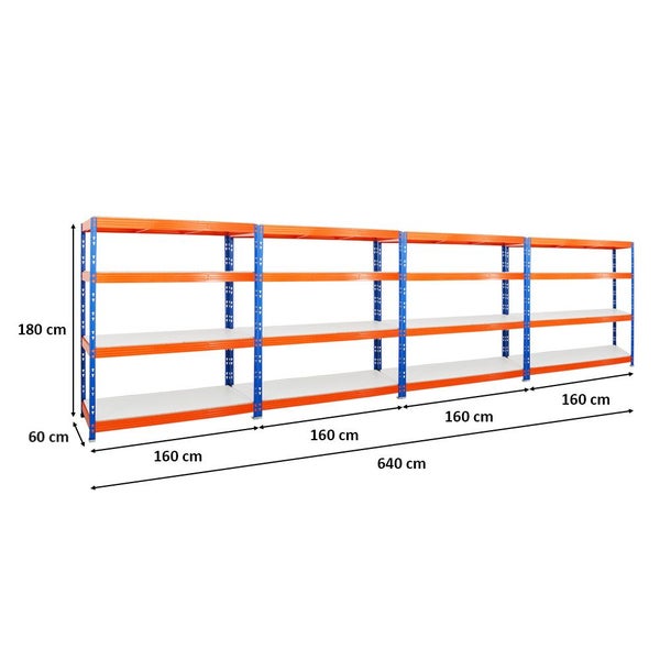 PROREGAL Mega Deal 4x Profi Schwerlastregal Rhino HxBxT 180 x 160 x 60 cm 4 Melamin-Ebenen 16mm Fachlast 500 kg Blau-Orange