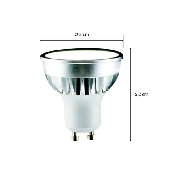 LED-Leuchtmittel GU10 mit Abmessungen: Durchmesser 5 Zentimeter und Höhe 5,2 Zentimeter.
