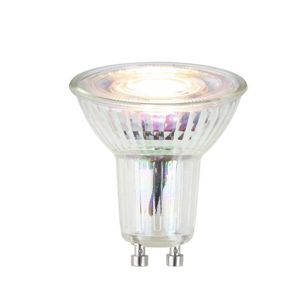 LED-Reflektorlampe mit GU10-Sockel, warmweißes Licht, klares Gehäuse.