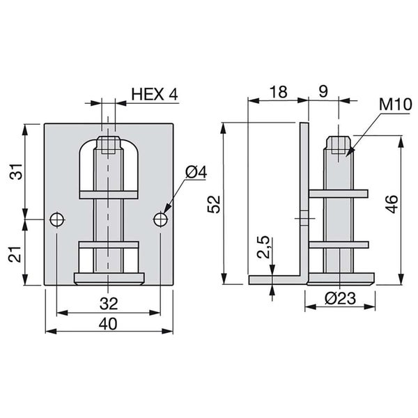 Technische Zeichnung eines Winkels mit M10 Gewinde und Befestigungslöchern mit Maßen in Millimeter.