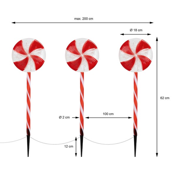 ECD Germany 3er Set LED Lollipop-Weihnachtsweg Aussen, 60 LED 3m, 8 Modi, Batteriebetrieben, Timer, Weihnachten Lutscher Lichterkette, Weihnachtsbeleuchtung Gartenleuchte Zuckerstangen Gartenstecker
