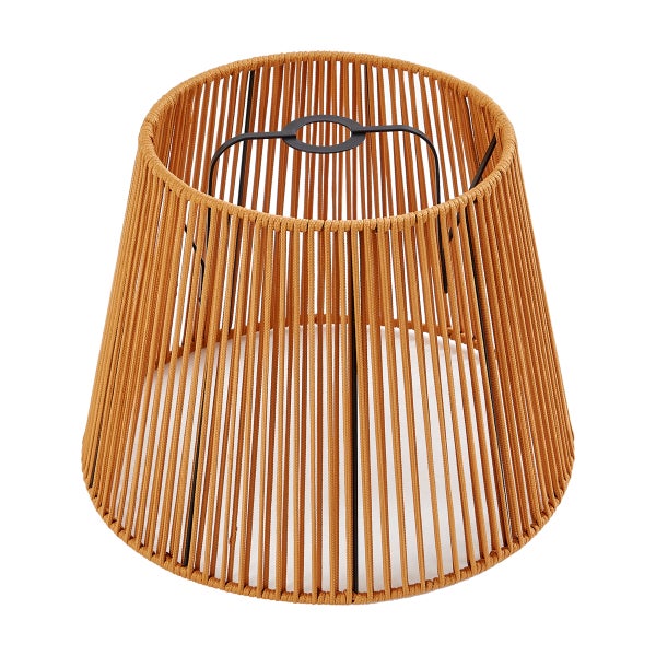Konischer Lampenschirm aus vertikalen braunen Kordeln mit einem schwarzen Metallinnenrahmen.