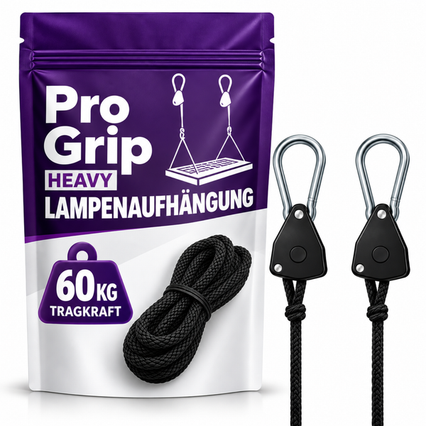 Pro Grip Lampenaufhängung Set mit zwei verstellbaren Seilratschen und Karabinerhaken für 60 Kilogramm Tragkraft zur Leuchtenbefestigung