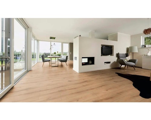 Heller Raum mit Esstisch, Stühlen, Sessel und Holzboden