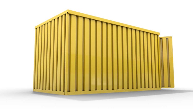 Lagercontainer Gerätehaus XXL  – 12 qm, H2150 x B6080 x T2170 mm, Außenwandlackierung RAL 1003 signalgelb, Dach außen verzinkt, mit Holzfußboden, 1830 mm Doppelflügeltür mittig in Stirnseite, montiert
