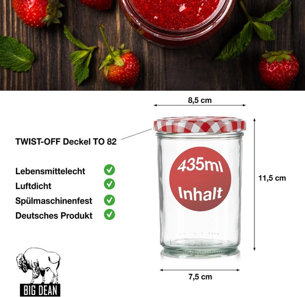 Leeres Vorratsglas mit rotem und weißem Twist-Off Deckel und den Maßen 8,5 x 11,5 x 7,5 cm