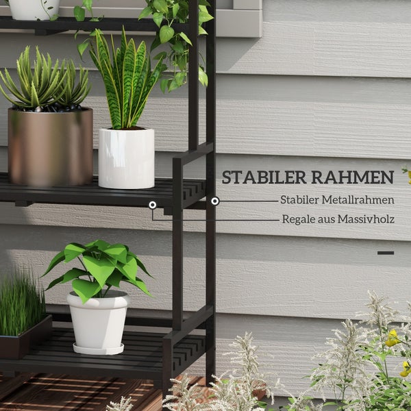 Outsunny Pflanzenständer, Blumenständer mit 3 Ebenen, Blumenregal mit 6 Haken, Pflanzentreppe, Pflanzenregal für Garten, Stahl, Schwarz, 110 x 50 x 170 cm