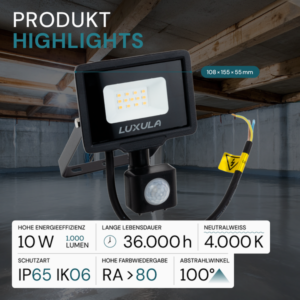 LUXULA LED Außenstrahler mit Bewegungsmelder 10W Strahler 4000K Neutralweiß 1000lm Fluter Schwarz IP65