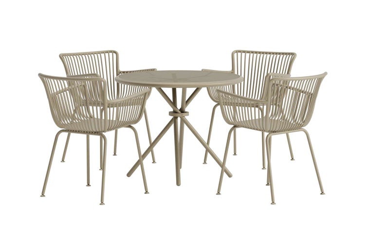 Gartenmöbel-Set aus Metall bestehend aus einem runden Tisch und vier Stühlen mit Seilbespannung in Beige.