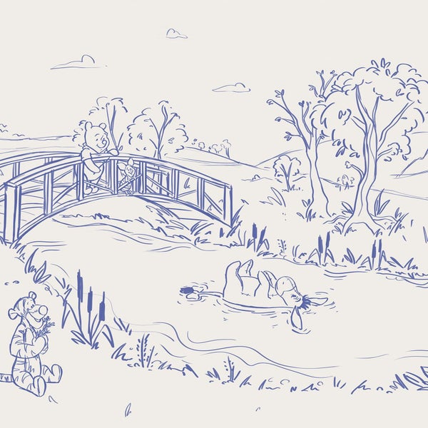 Illustration mit Winnie Puuh, Ferkel, Tigger und I-Aah in einer Flusslandschaft mit Brücke.