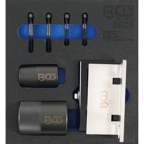 BGS technic Motor-Einstellwerkzeug-Satz in Schaumstoffeinlage mit vier Bolzen, zwei Hülsen und einer Metallplatte.