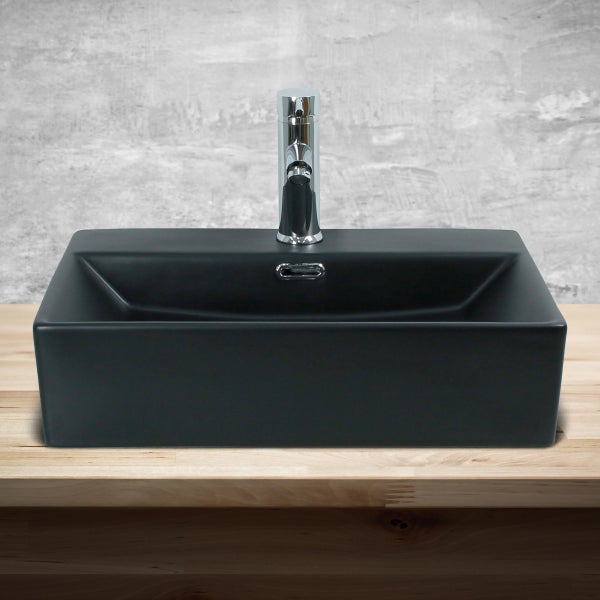ML-Design Waschbecken zur Wandmontage oder als Aufsatzwaschbecken mit Hahnloch, 51 x 36 x 13 cm, aus Keramik, Schwarz matt, Hängewaschbecken Waschtisch Aufsatzbecken Handwaschbecken Waschschale Becken