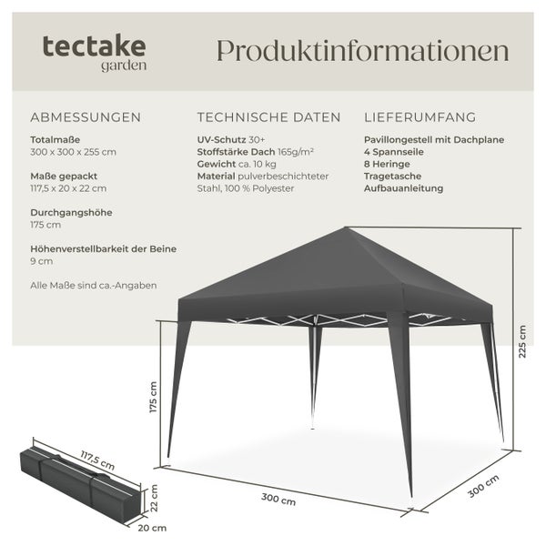 Pavillon tectake Linosa inklusive Spannseile, Heringe und Tragetasche 3 x 3 m grau