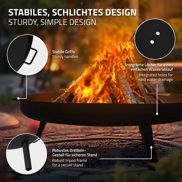 ECD Germany Feuerschale Ø80 x 29 cm mit 3 klappbaren Füßen, Dreibein Feuerstelle für den Garten, Stahl Feuerkorb rund mit 2 Griffen & 2 Entwässerungslöcher, Outdoor Eisenschale Feuertonne BBQ Camping
