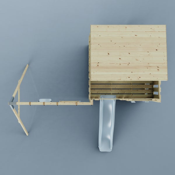 Draufsicht auf ein Spielhaus aus hellem Holz mit Flachdach, Rutsche und Schaukelgestell.