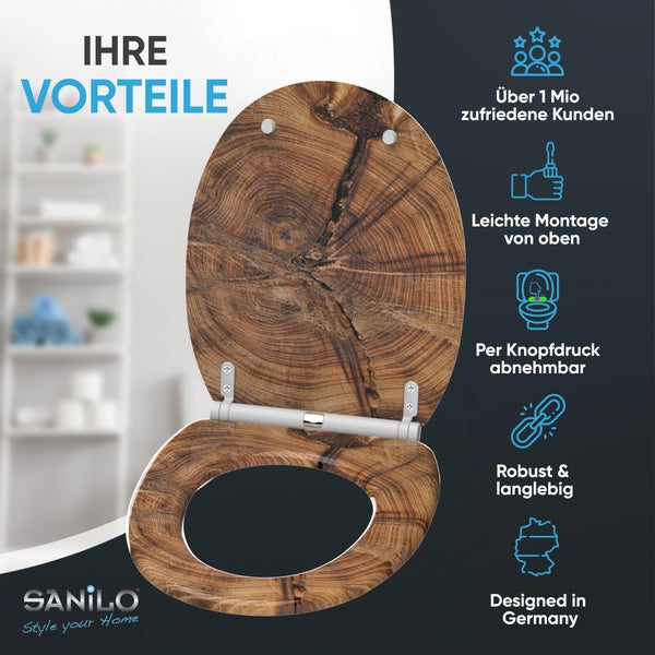 Sanilo WC Sitz mit Holzoptik Muster inklusive Funktionsübersicht und Montagemerkmalen