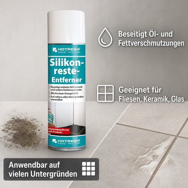 Hotrega Silikonreste-Entferner Spraydose zur Beseitigung von Silikon und Dichtstoffen von Fliesen Keramik und Glas.