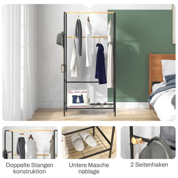 HOMCOM Kleiderständer Garderobenständer mit 2 Kleiderstangen und Ablage, Haken, Garderobe aus Stahl und Bambus für Schlafzimmer, Ausstellungen, Waschküche, Waschküche, Schwarz