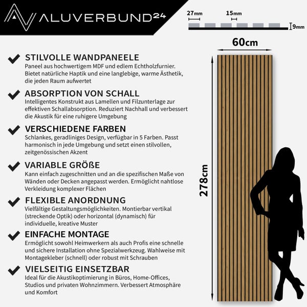 Aluverbund24 Logo, Wandpaneel aus MDF und Echtholzfurnier mit Abmessungen 60 cm x 278 cm