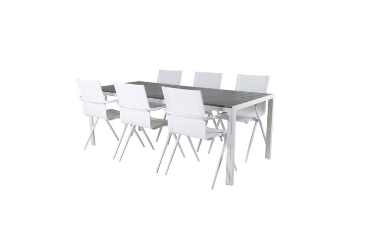 Break Gartenset Tisch 90x205cm grau, 6 Stühle Alina weiß. 90 X 205 X 74 cm