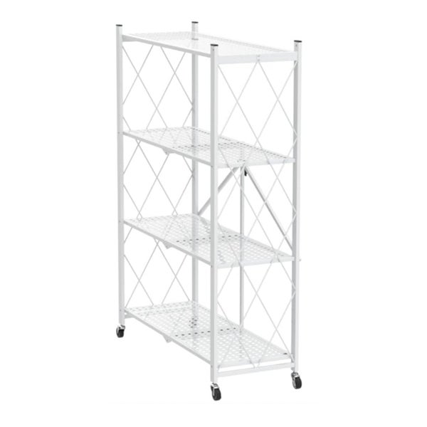 Weißes Klappregal mit vier Regalböden und Rollen
