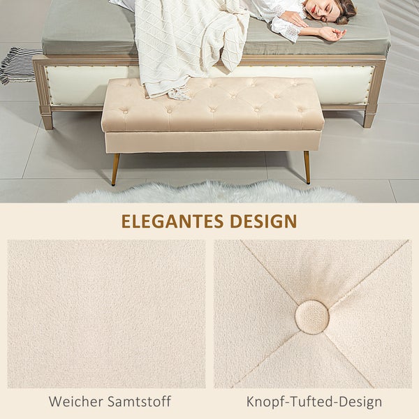 HOMCOM Sitzbank mit Stauraum, Polsterbank mit Deckel, Bettbank mit Samtoptik, für Flur Schlafzimmer Wohnzimmer, Metallrahmen 102 x 35 x 43 cm Beige