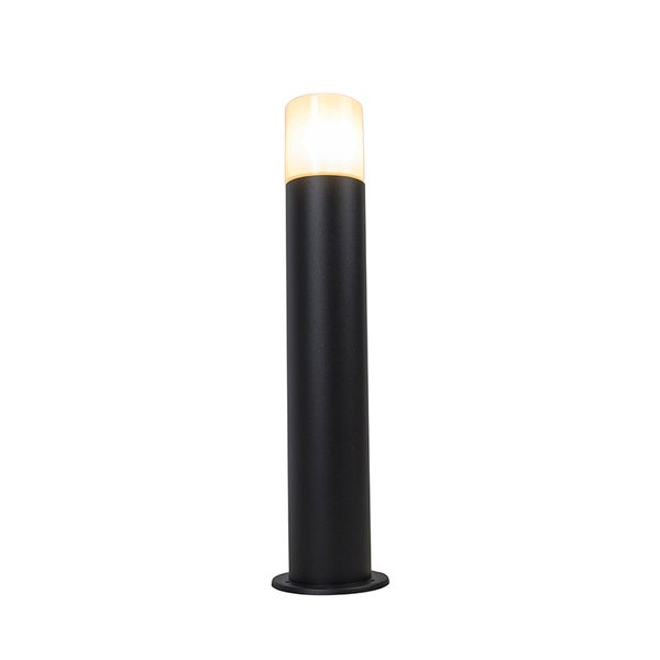Moderne zylindrische Pollerleuchte in Schwarz für den Außenbereich mit leuchtendem Diffusor.