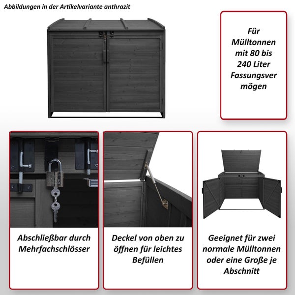 Mülltonnenbox aus Holz mit abschließbaren Mehrfachschlössern und Deckel zum Öffnen