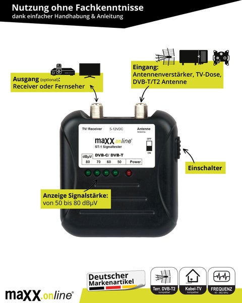 maxx.onLine Signaltester Kabelfernsehen Messgerät DVB-C/DVB-T, Antennensignal messen, Signalstärke Kabelfernsehen überprüfen, Kabel TV analog/digital Tester