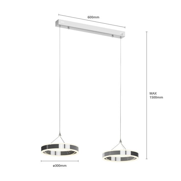Moderne LED-Pendelleuchte mit zwei Ringen, Breite 600 Millimeter, maximale Höhe 1500 Millimeter, Ringdurchmesser 300 Millimeter.