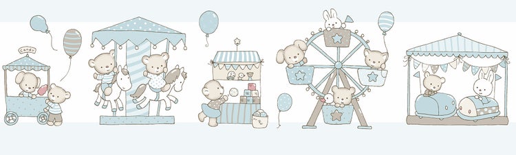 Illustration von Jahrmarktsattraktionen mit Teddybären, Karussell, Losbude, Riesenrad und Autoscooter