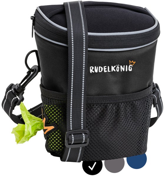 Schwarze Leckerli-Tasche mit Schultergurt und Kotbeutelspender