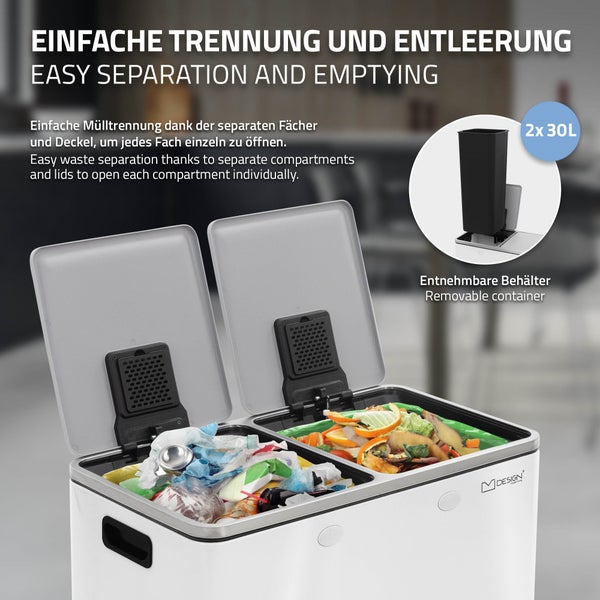 ML-Design Mülleimer Küche 2x 30L (60L), Weiß, Mülltrennsystem 2 Fächer, Treteimer zur Mülltrennung, Abfalleimer aus Stahl, herausnehmbarer Inneneimer aus Kunststoff, Klappdeckel, Softclose, luftdicht