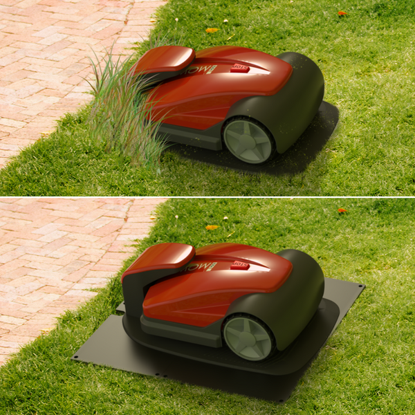 Rasenmähroboter mit und ohne Rasenkantenplatte auf Rasenfläche