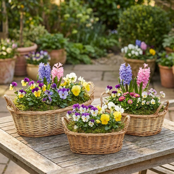 Drei bepflanzte Weidenkörbe mit Hyazinthen und Stiefmütterchen auf einem Holztisch in einem Garten.