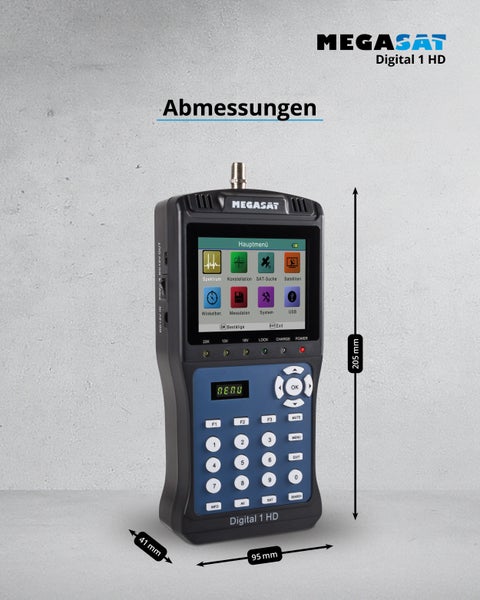 Megasat Digital 1 HD Satelliten Messgerät mit Abmessungen von 205 mal 95 mal 41 Millimetern, inklusive LCD Bildschirm und Tastenfeld.