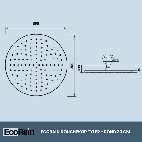 EcoRain 30% Wassersparender Regenduschkopf Tyler 30 CM Rund mit Wand-Duscharm - Hoher Wasserdruck - Universeller Anschluss - Anti-Kalk Duschkopf - Chrom