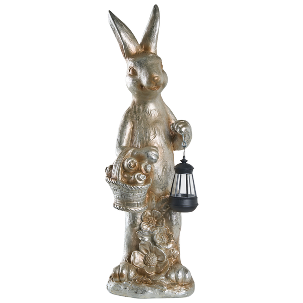 Gartenfigur Hase goldfarben mit Korb und Solar-Laterne