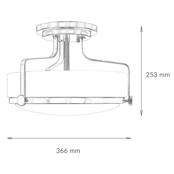 Technische Zeichnung einer Deckenleuchte mit den Maßangaben 366 mm Breite und 253 mm Höhe.