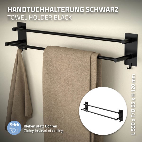 ML-Design Handtuchhalter ohne Bohren 59 cm mit 2 Handtuchstangen, 2 Haken, Schwarz, Stahl, Wandmontage, Badetuchhalter Doppelt zum kleben für Bad&Küche, Modern Wandhalter selbstklebend für Handtücher