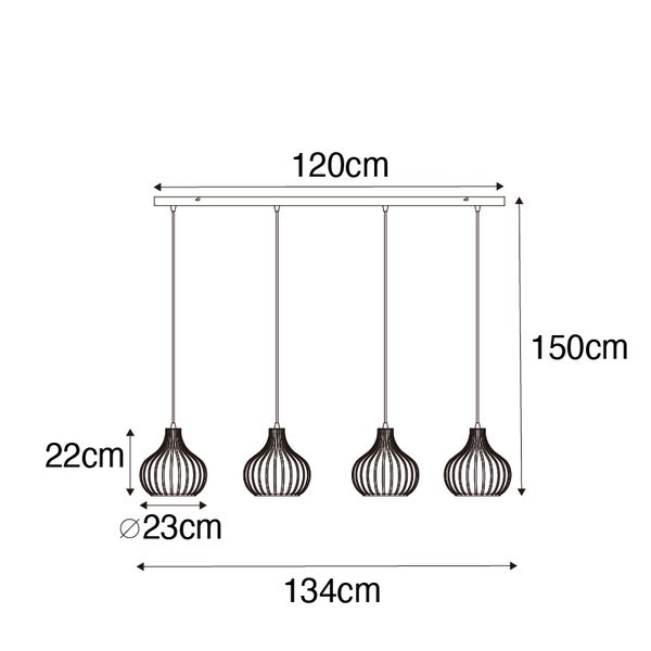 Technische Zeichnung einer Pendelleuchte mit vier Leuchten und Maßangaben