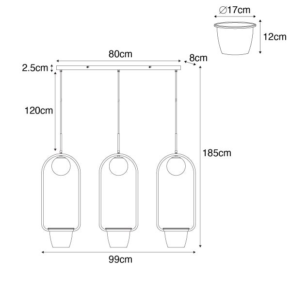 Technische Zeichnung einer Hängeleuchte mit drei Leuchten und Maßangaben