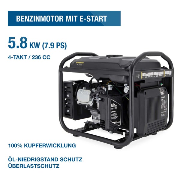 Hyundai Stromerzeuger mit 5,8 Kilowatt Benzinmotor, Elektrostart, 4-Takt, 236 Kubikzentimeter, Kupferwicklung, Ölmangelschutz und Überlastschutz.