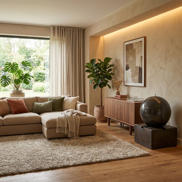 Modernes Wohnzimmer mit gemütlichem Ecksofa, Holzanrichte und dekorativem Kugelbrunnen in einer hellen und wohnlichen Atmosphäre.