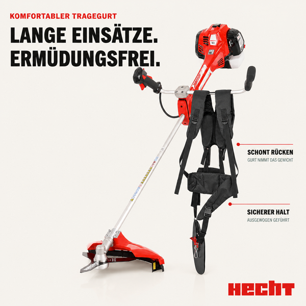 Hecht Benzin-Motorsense mit gepolstertem Tragegurt für rückenschonendes und ausbalanciertes Arbeiten. Hecht Logo.